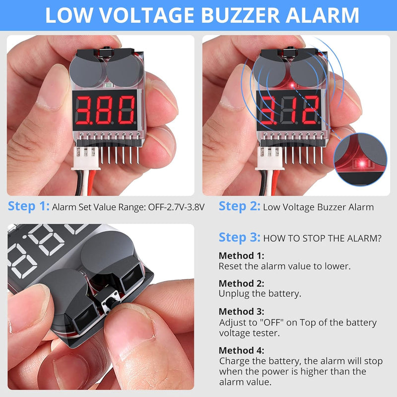 Load image into Gallery viewer, 2PCS/4PCS 1-8s Lipo Battery Voltage Tester,RC Low Voltage Buzzer Alarm,Battery Monitor Checker Tester for 1-8s Lipo Life LiMn Li-ion Battery
