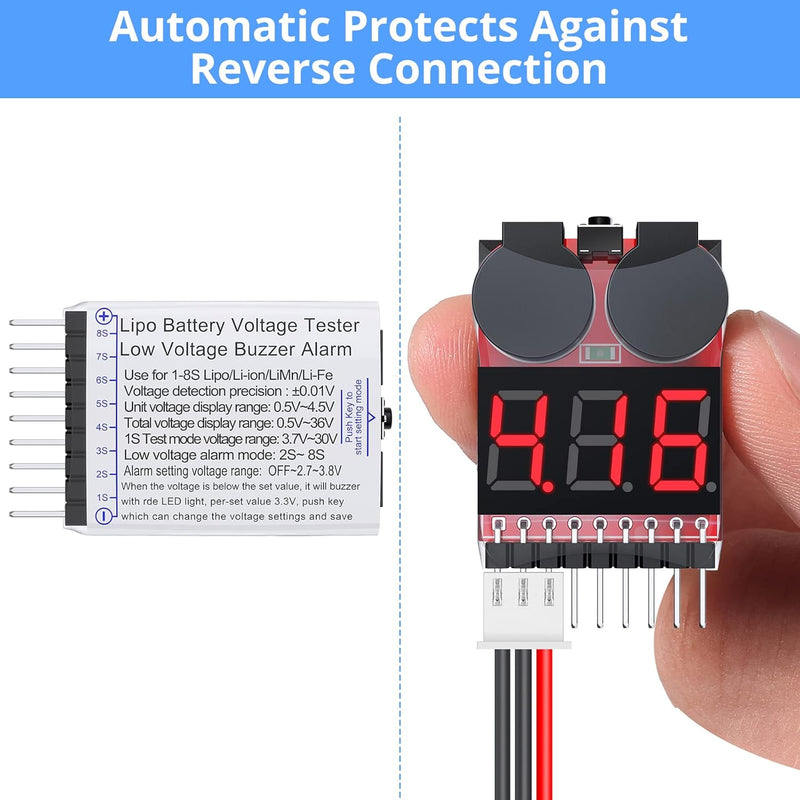 Load image into Gallery viewer, 2PCS/4PCS 1-8s Lipo Battery Voltage Tester,RC Low Voltage Buzzer Alarm,Battery Monitor Checker Tester for 1-8s Lipo Life LiMn Li-ion Battery
