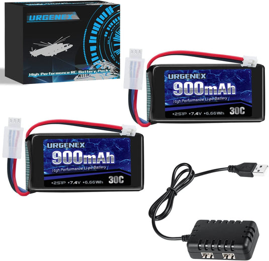 URGENEX 7.4V 900mAh Lipo Battery with Ph2.0 Plug 30C Fit for Axial SCX24 with 1TO2 USB Charger