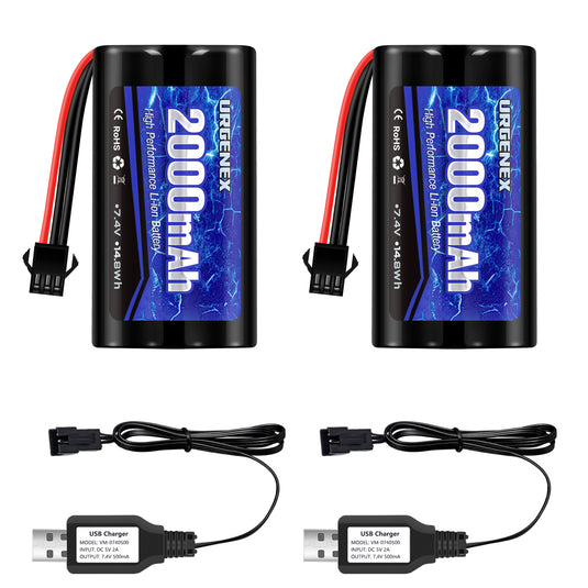 URGENEX 2S RC Battery 2000mAh 7.4V Li-ion Battery with SM3P Plug 2S Rechargeable RC Battery with 2 USB Chargers Fit for RC Toys RC Car Truck and RC Tank