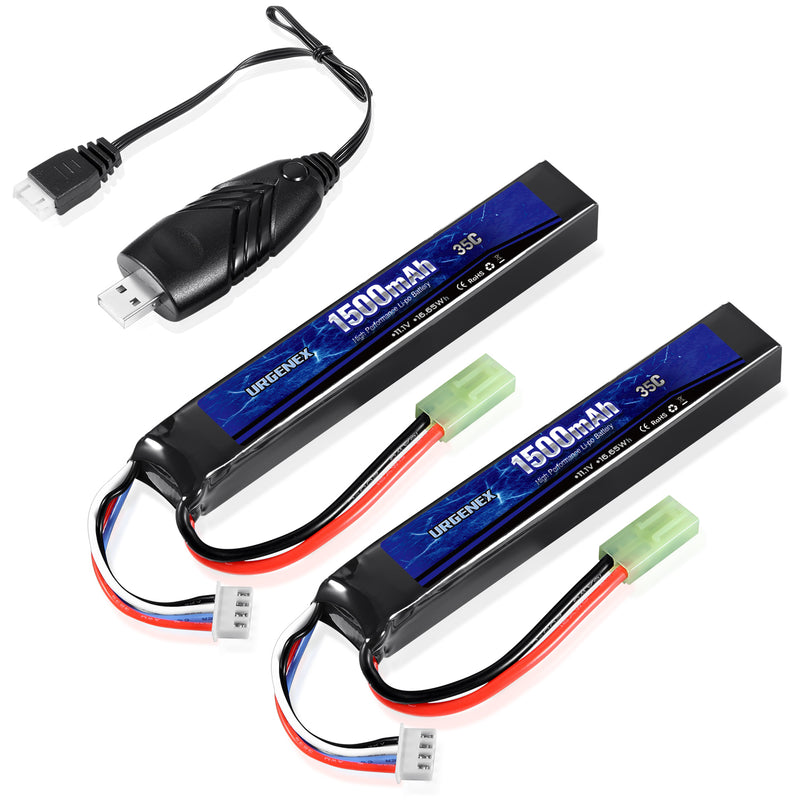 Load image into Gallery viewer, URGENEX Airsoft Battery 11.1V 1500mAh 35C High Discharge Rate Lipo Battery Pack with Mini Tamiya Plug Rechargeable 3S Lipo Battery for Airsoft Model Guns