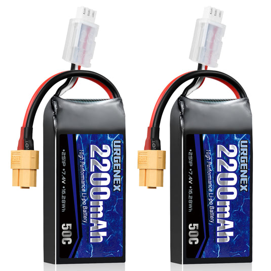 URGENEX 7.4V 2200mAh Lipo Battery 50C High Discharge Rate 2S RC Batteries with XT60 Plug Fit for RC Car Truggy, RC Airplane, FPV Drone, UAV Quadcopter, Helicopter and RC Boats Racing Models (2 Pack)