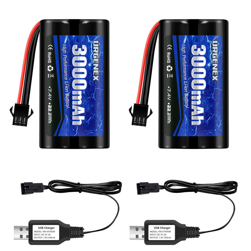 Load image into Gallery viewer, URGENEX 2S RC Battery 3000mAh 7.4V Li-ion Battery with SM3P Plug 2S Rechargeable RC Battery with 2 USB Chargers Fit for RC Toys RC Car Truck and RC Tank