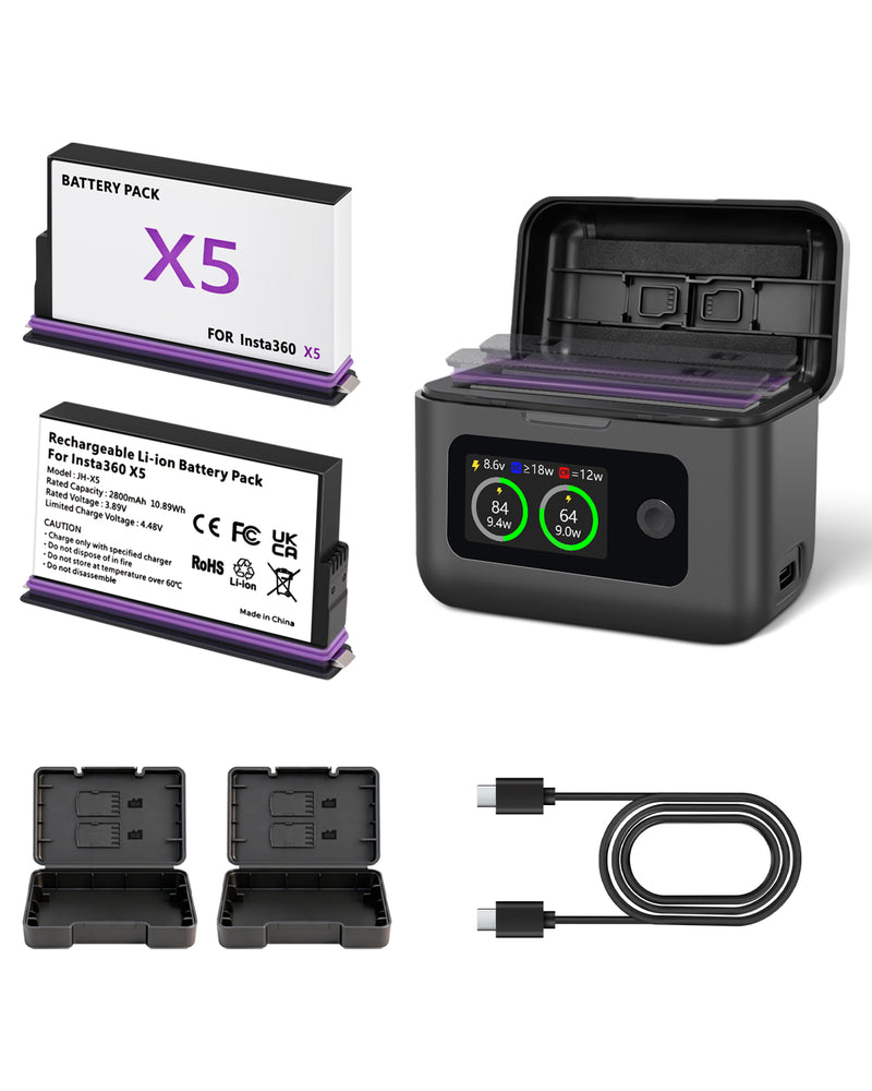 Load image into Gallery viewer, Insta 360 X5 Batteries 2 Pack 2800mAh 3.89V Replacement Camera Battery with Dual 2 Slot LCD Visual Display 27W Rapid Charging Hub, Compatible with Insta 360 X5 Action Camera (2 Batteries+ Charging Box / Only Charger Box)