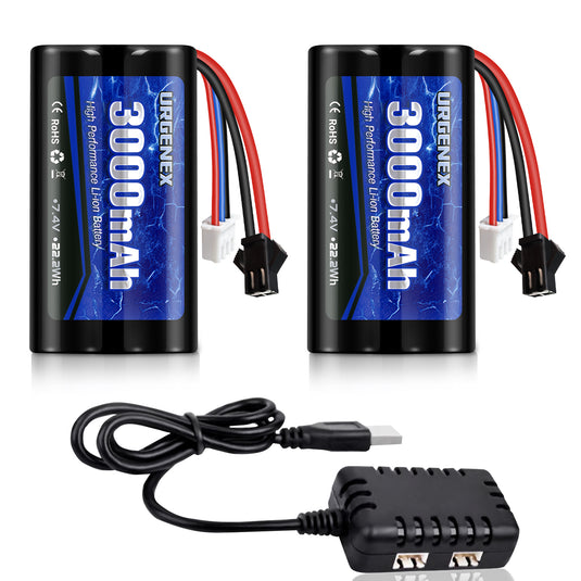 URGENEX 3000mAh 7.4V Li-ion Battery with SM-2P Plug 2S Rechargeable RC Battery Compatible with Most WPL MN RC Cars Trucks and H101 RC Boat High Capacity RC batteries with 7.4V 1 To 2 USB Charger