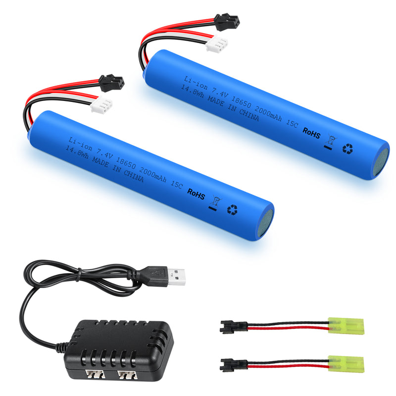 Load image into Gallery viewer, URGENEX Airsoft Battery 7.4V 2000mAh High Capacity Splatter Ball Gun Battery Pack with SM2P Plug and Mini Tamiya Plug Cable Fit for SRB1200, SRB400, SRB400-SUB, MP5K, M4, M110 Airsoft Gun Toy