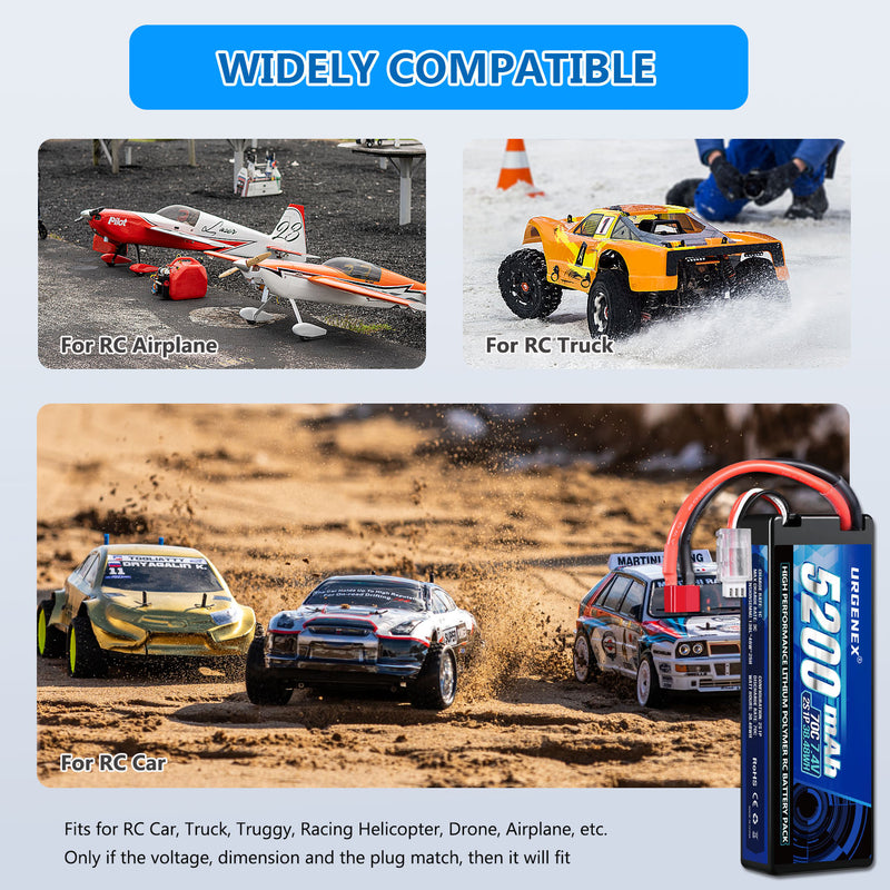 Load image into Gallery viewer, URGENEX 7.4V 5200mAh Lipo Battery 2S 70C High Discharge Rate RC Batteries with Deans T Plug Fit for RC Car Truck, RC Airplane, FPV Drone, UAV Quadcopter and Helicopter