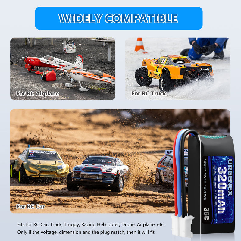 Load image into Gallery viewer, URGENEX 7.4V Lipo Battery 2S 35C 320mAh Rechargeable Lipo Battery with PH2.0 3PIN Plug Compatible with UMX 2S Airplane