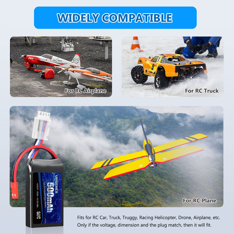 Load image into Gallery viewer, URGENEX 11.1V 500mAh Lipo Battery 3S 50C High Discharge Rate RC Battery Pack with JST Plug Rechargeable Lipos for RC Airplane Racing Drone Helicopter Quadcopter Micro FPV RC Car Truck Boat (2 Packs)