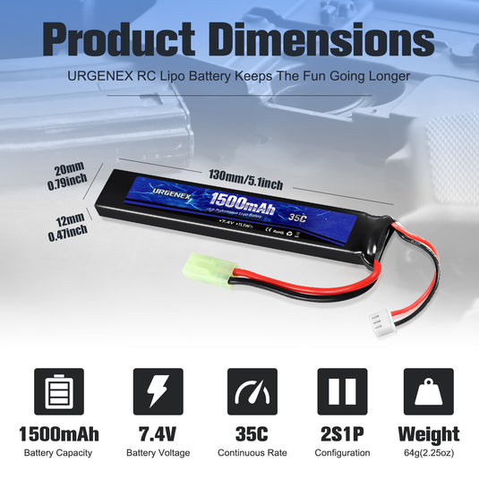 URGENEX Airsoft Battery 7.4V 1500mAh 35C High Discharge Rate Lipo Battery Pack with Mini Tamiya Plug Rechargeable 2S Lipo Battery for Airsoft Model Guns