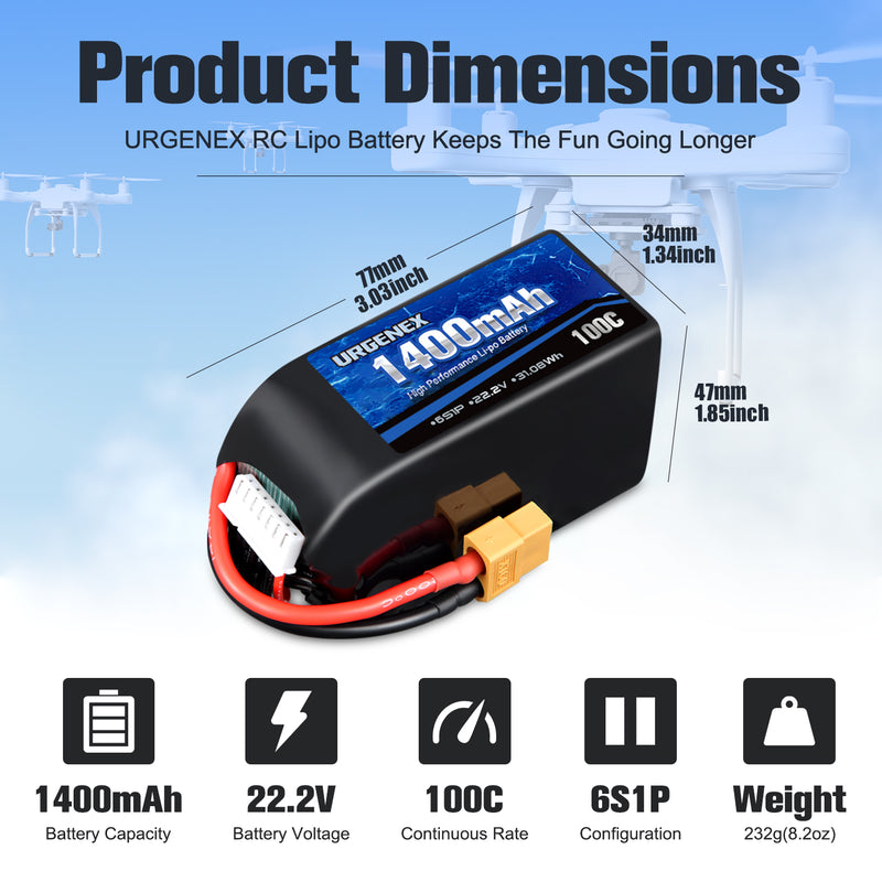 Load image into Gallery viewer, URGENEX 6S Lipo Battery 1400mAh 22.2V 100C with XT60 Plug RC Battery Fit for RC FPV Racing Drone Quadcopter Helicopter Airplane Racing Models