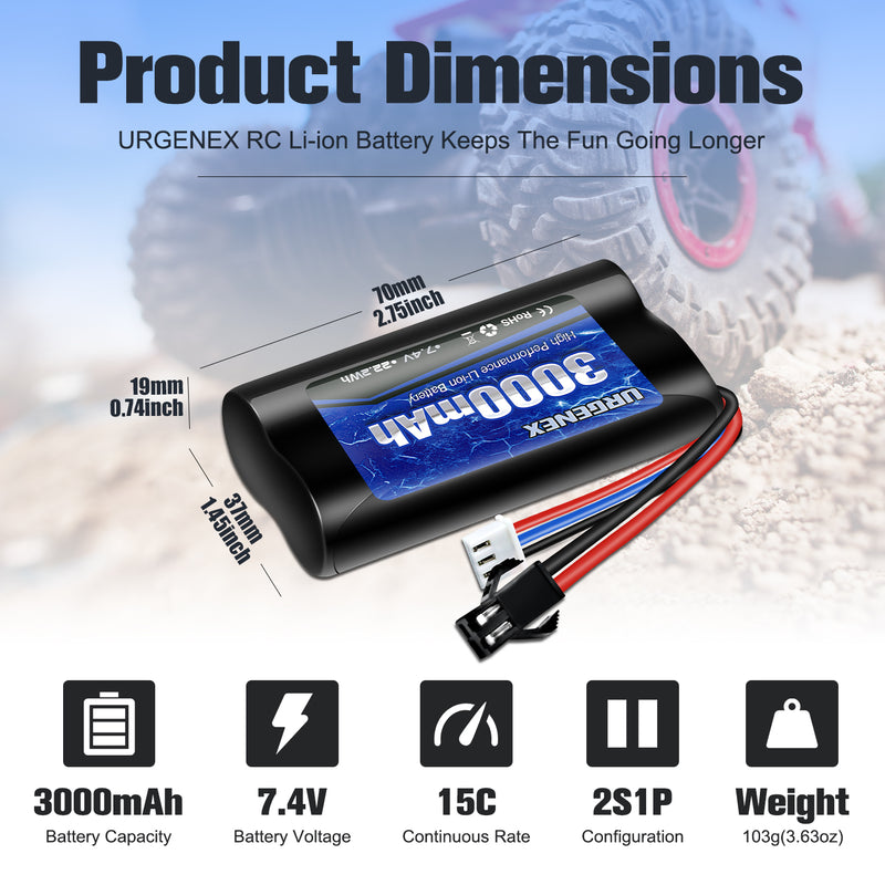 Load image into Gallery viewer, URGENEX 3000mAh 7.4V Li-ion Battery with SM-2P Plug 2S Rechargeable RC Battery Compatible with Most WPL MN RC Cars Trucks and H101 RC Boat High Capacity RC batteries with 7.4V 1 To 2 USB Charger