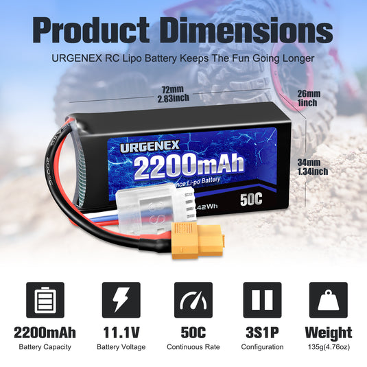 URGENEX 3S Lipo Battery 2200mAh 11.1V 50C High Discharge Rate RC Batteries with XT60 Connector Fit for RC Car Truggy, RC Airplane, FPV Drone, UAV Quadcopter, Helicopter and RC Boats Racing Models