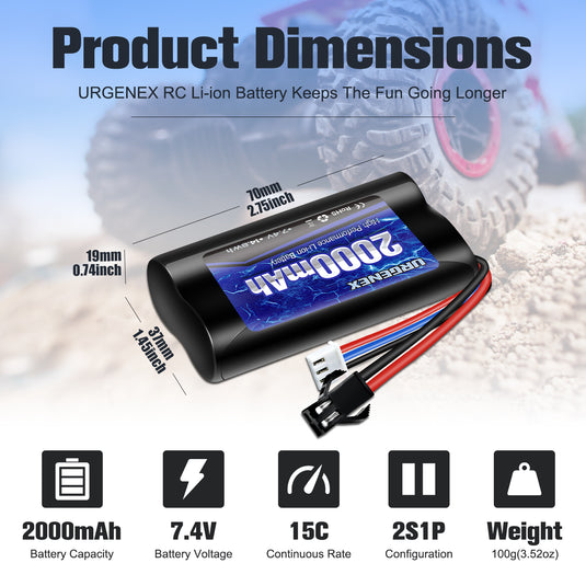 7.4V Li-ion Battery 2000mAh 2S Battery with SM 2P Plug High Capacity for Remote Control RC Boat 1 Pack H101 RC Batteries with 1 USB Chargers