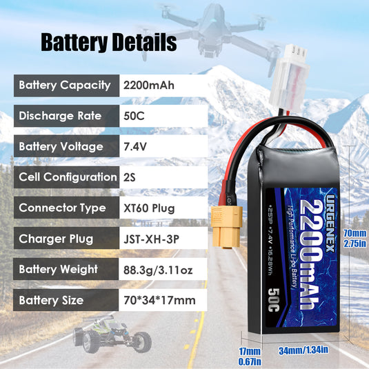 URGENEX 7.4V 2200mAh Lipo Battery 50C High Discharge Rate 2S RC Batteries with XT60 Plug Fit for RC Car Truggy, RC Airplane, FPV Drone, UAV Quadcopter, Helicopter and RC Boats Racing Models (2 Pack)