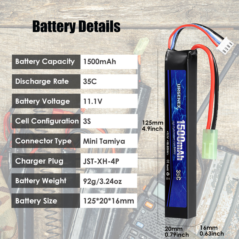 Load image into Gallery viewer, URGENEX Airsoft Battery 11.1V 1500mAh 35C High Discharge Rate Lipo Battery Pack with Mini Tamiya Plug Rechargeable 3S Lipo Battery for Airsoft Model Guns
