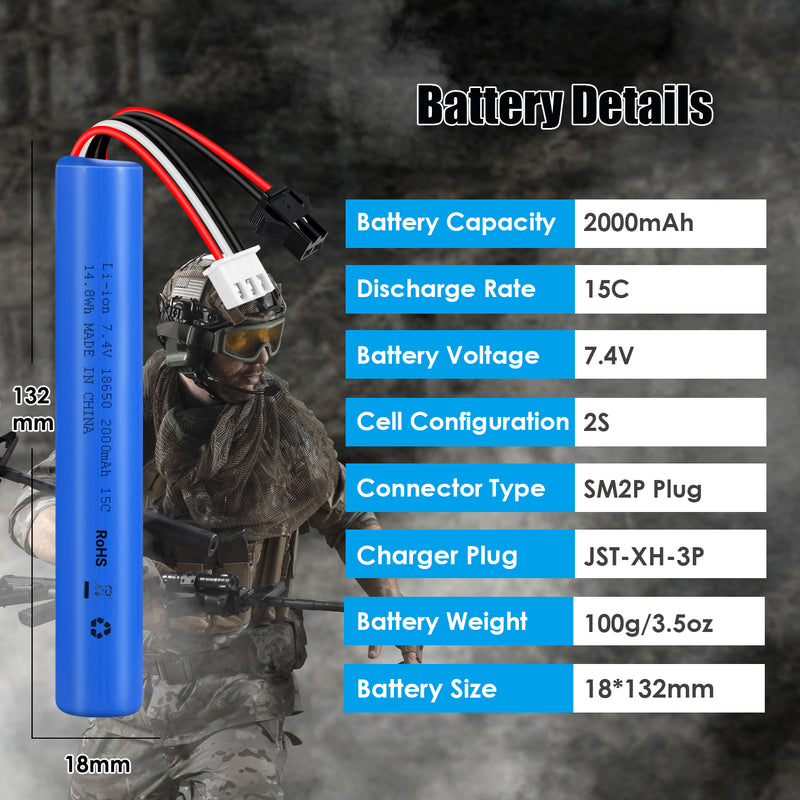 Load image into Gallery viewer, URGENEX Airsoft Battery 7.4V 2000mAh High Capacity Splatter Ball Gun Battery Pack with SM2P Plug and Mini Tamiya Plug Cable Fit for SRB1200, SRB400, SRB400-SUB, MP5K, M4, M110 Airsoft Gun Toy