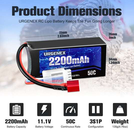 URGENEX 3S Lipo Battery 2200mAh 11.1V 50C High Discharge Rate RC Batteries with Deans T Plug Fit for RC Car Truggy, RC Airplane, FPV Drone, UAV Quadcopter, Helicopter and RC Boats Racing Models 2 Pack