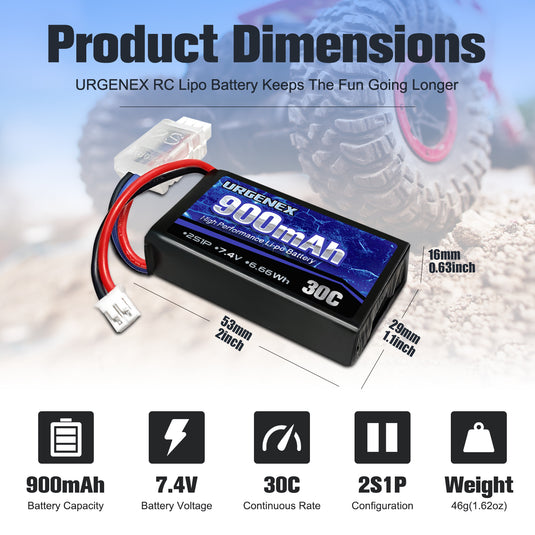 URGENEX 7.4V 900mAh Lipo Battery with Ph2.0 Plug 30C Fit for Axial SCX24 with 1TO2 USB Charger