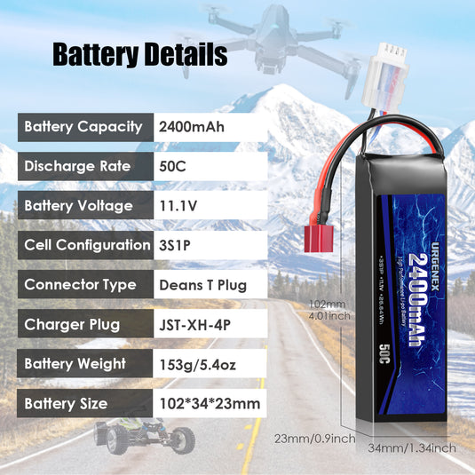 URGENEX 11.1V 2400mAh Lipo Battery 50C High Discharge Rate 3S RC Batteries with Deans T Plug Fit for RC Airplane, FPV Drone, UAV Quadcopter and Helicopter 2 Pack