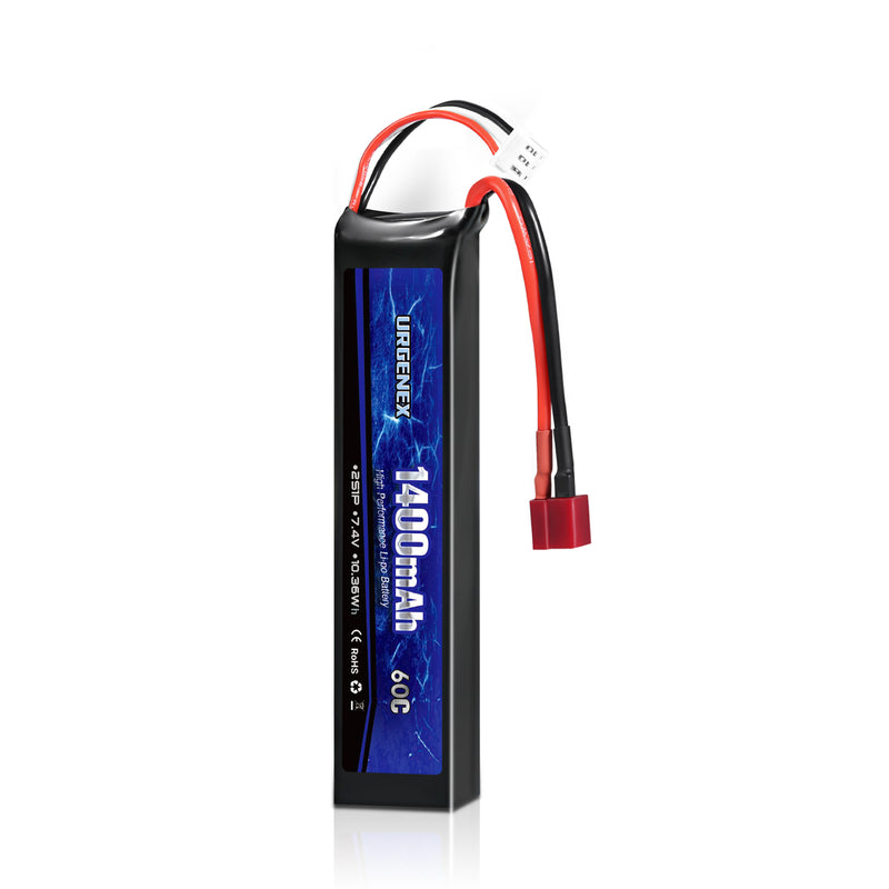 Load image into Gallery viewer, URGENEX Airsoft Battery 7.4V 1400mAh 60C High Discharge Rate Lipo Battery Pack with Deans T Plug Rechargeable 2S Lipo Battery for Airsoft Model Guns