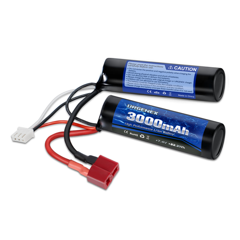 Load image into Gallery viewer, URGENEX 3000mAh Airsoft Battery 7.4V Nunchuck Battery with Deans T Plug 2S Rechargeable Stick Shape Butterfly Battery Fit for Most Airsoft Model Guns Rifles