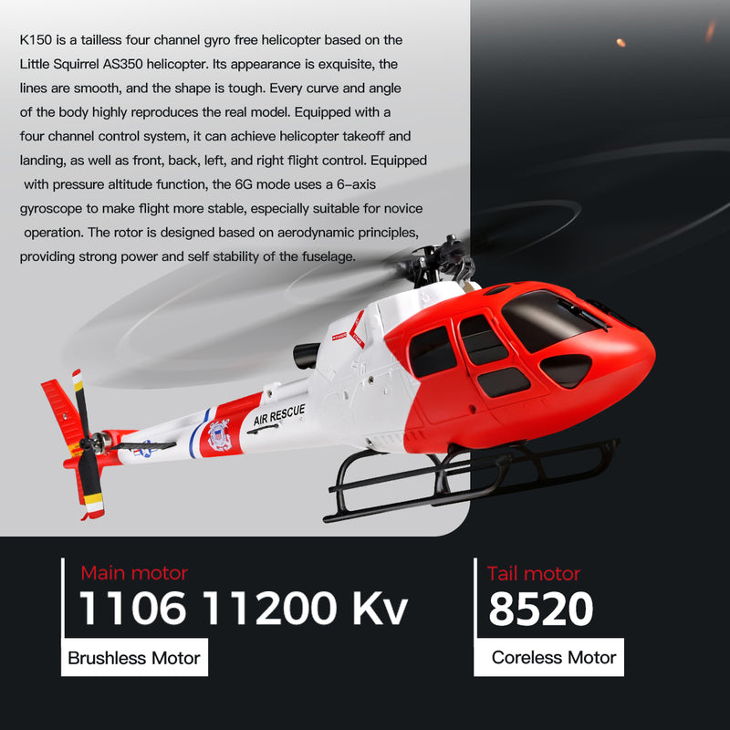 Load image into Gallery viewer, K150 AS350 Squirrel RC Helicopter 4 Channel Flybarless Aileronless Helicopter, One Key Takeoff Landing Beginner RC Helicopter