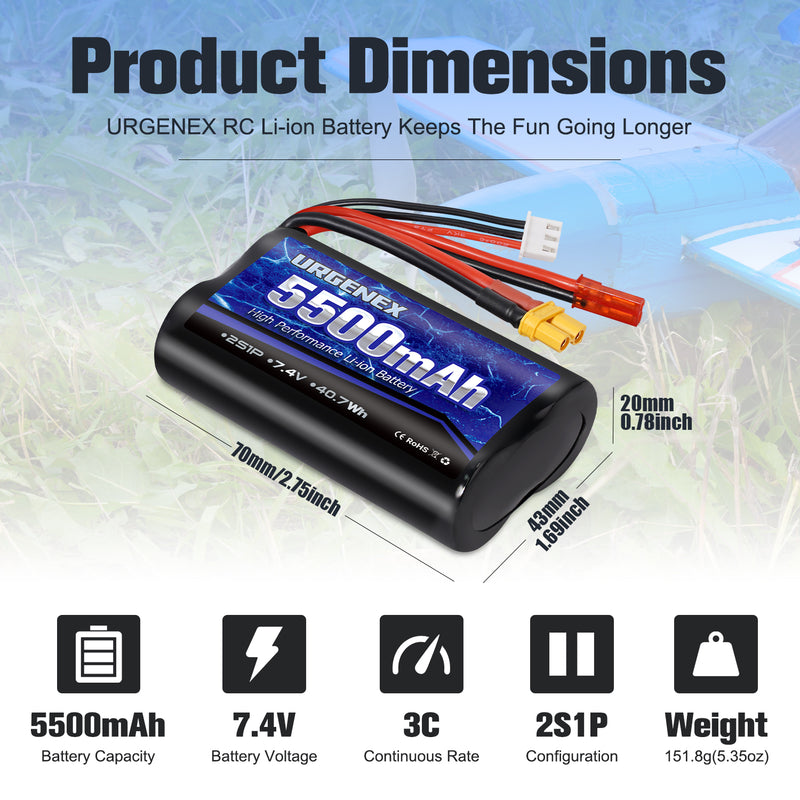 Load image into Gallery viewer, URGENEX TX16S Battery 5500mAh High Capacity 7.4V 2S Li-ion Battery with XT30&JST Dual Plug Fit for Boxer/TX16S Remote Controller, TX18S, RC4GS, RC6GS, TX12 RC Transmitter Compatible with RC Car Truck