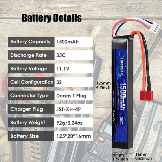URGENEX Airsoft Battery 11.1V 1500mAh 35C High Discharge Rate Lipo Battery Pack with Deans T Plug Rechargeable 3S Lipo Battery for Airsoft Model Guns