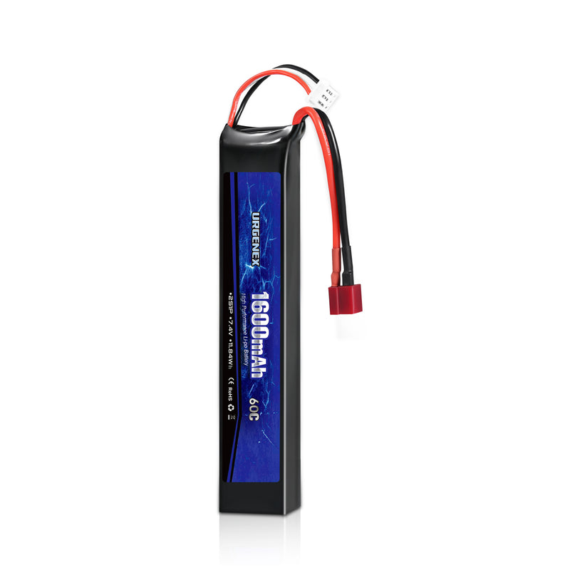 Load image into Gallery viewer, URGENEX Airsoft Battery 7.4V 1600mAh 60C High Discharge Rate Lipo Battery Pack with Deans T Plug Rechargeable 2S Lipo Battery for Airsoft Model Guns