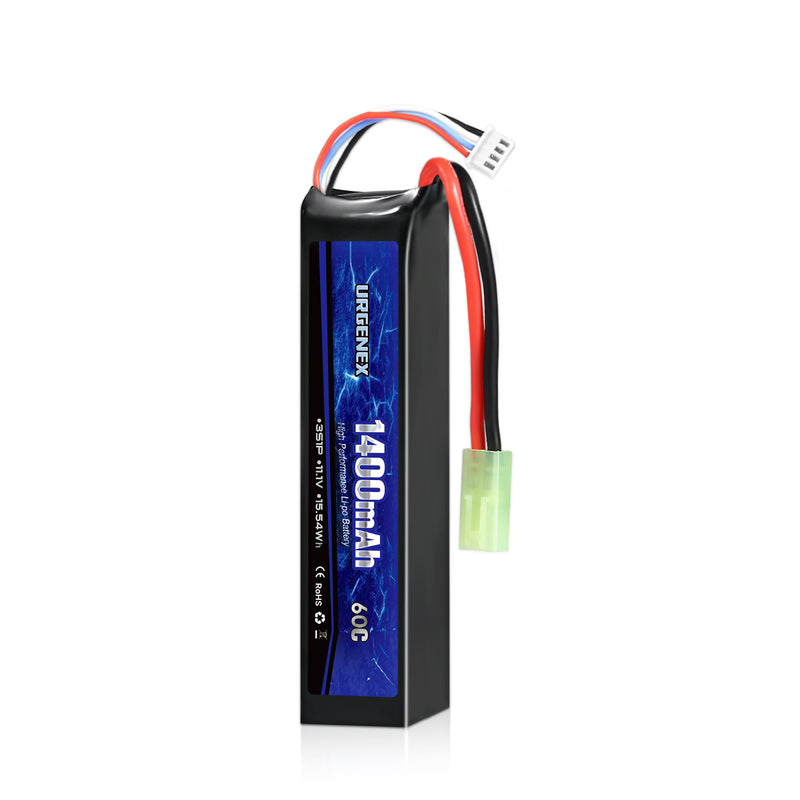 Load image into Gallery viewer, URGENEX Airsoft Battery 11.1V 1400mAh 60C High Discharge Rate Lipo Battery Pack with Mini Tamiya Plug Rechargeable 3S Lipo Battery for Airsoft Model Guns