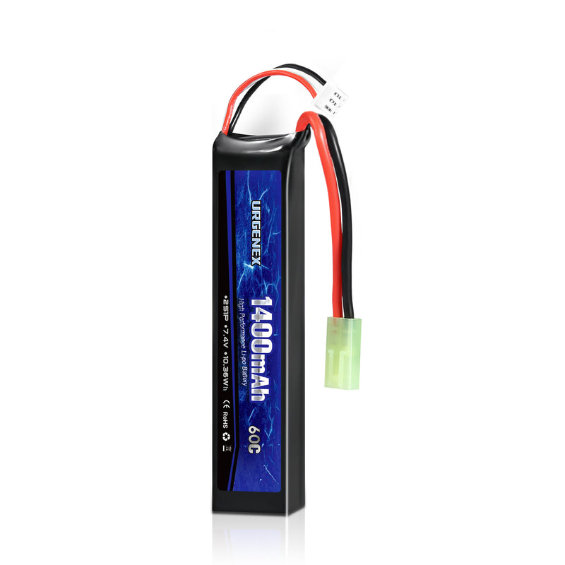 Load image into Gallery viewer, URGENEX Airsoft Battery 7.4V 1400mAh 60C High Discharge Rate Lipo Battery Pack with Mini Tamiya Plug Rechargeable 2S Lipo Battery for Airsoft Model Guns