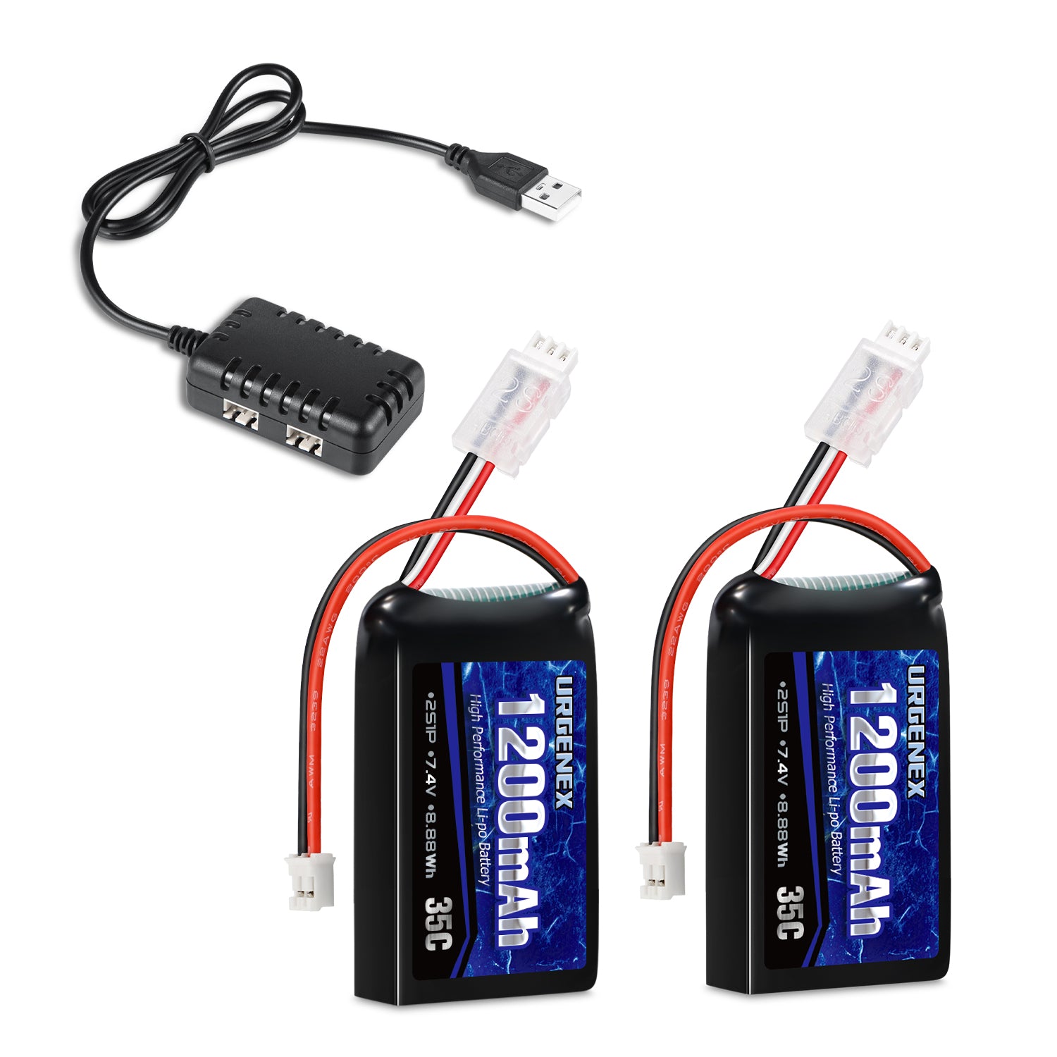 URGENEX Batterie 2S RC 2000 mAh 7,4 V Li-ion avec prise JST 2S - Batterie RC rechargeable avec chargeur USB 1 à 2 - Convient pour hélicoptère radiocommandé, voiture, camion et bateaux URGENEX Batterie 2S RC 2000 mAh 7,4 V Li-ion avec prise JST 2S - Batterie RC rechargeable avec chargeur USB 1 à 2 - Convient pour hélicoptère radiocommandé, voiture, camion et bateaux