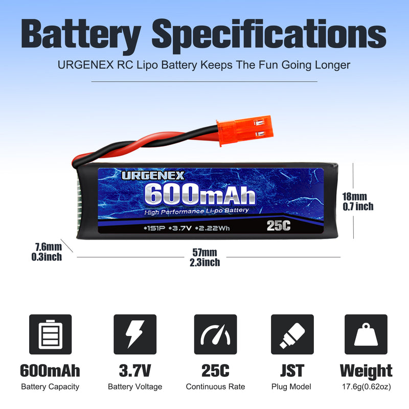 Load image into Gallery viewer, URGENEX 3.7V 600mAh RC Drone Battery with JST Plug for UDI