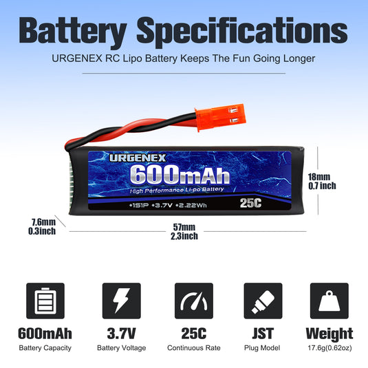 URGENEX 3.7V 600mAh RC Drone Battery with JST Plug for UDI