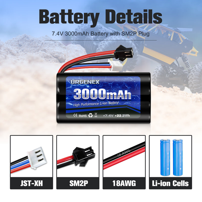 Load image into Gallery viewer, URGENEX 3000mAh 7.4V Li-ion Battery with SM-2P Plug 2S Rechargeable RC Battery Compatible with Most WPL MN RC Cars Trucks and H101 RC Boat High Capacity RC batteries with 7.4V 1 To 2 USB Charger