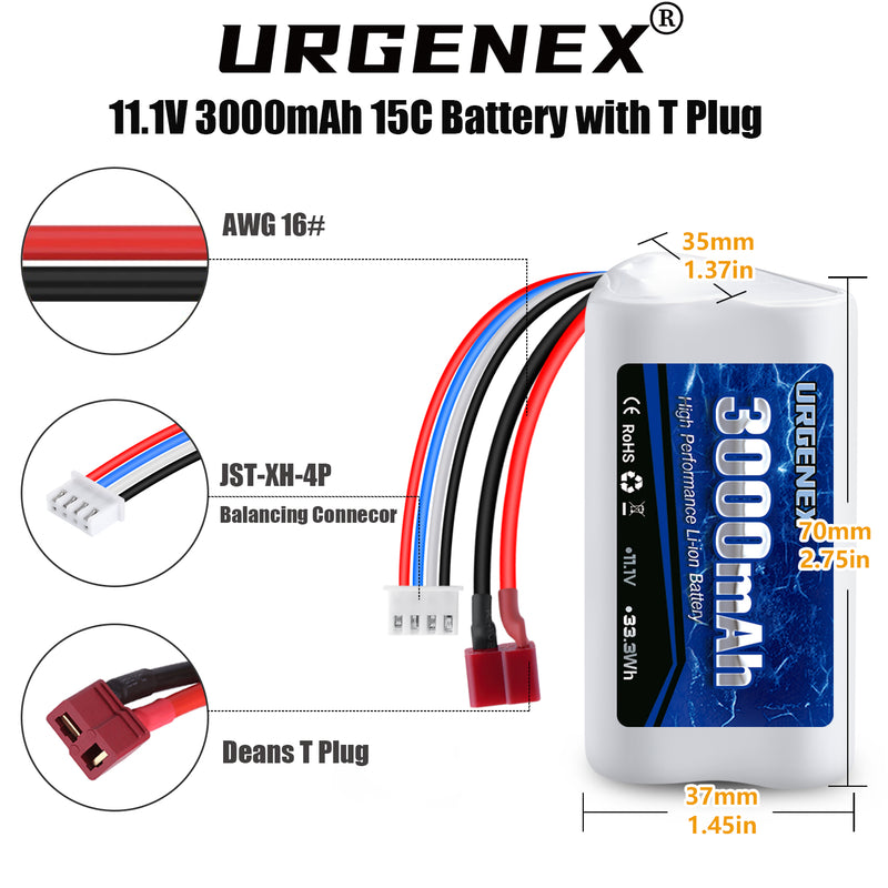 Load image into Gallery viewer, URGENEX 11.1V 3000mAh Li-ion Battery for R608 Brushless RC Boat 15C 3000mAh High Capacity RC Battery with Deans T Plug 33.3Wh 3S RC Boat Battery Fit for DEERC 2104 210E 200E High Speed RC Boats