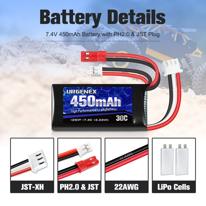 Load image into Gallery viewer, 2S 7.4V 30C 450mAh Rechargeable Lipo Battery with JST & PH2.0 Plug Fit for Axial SCX24