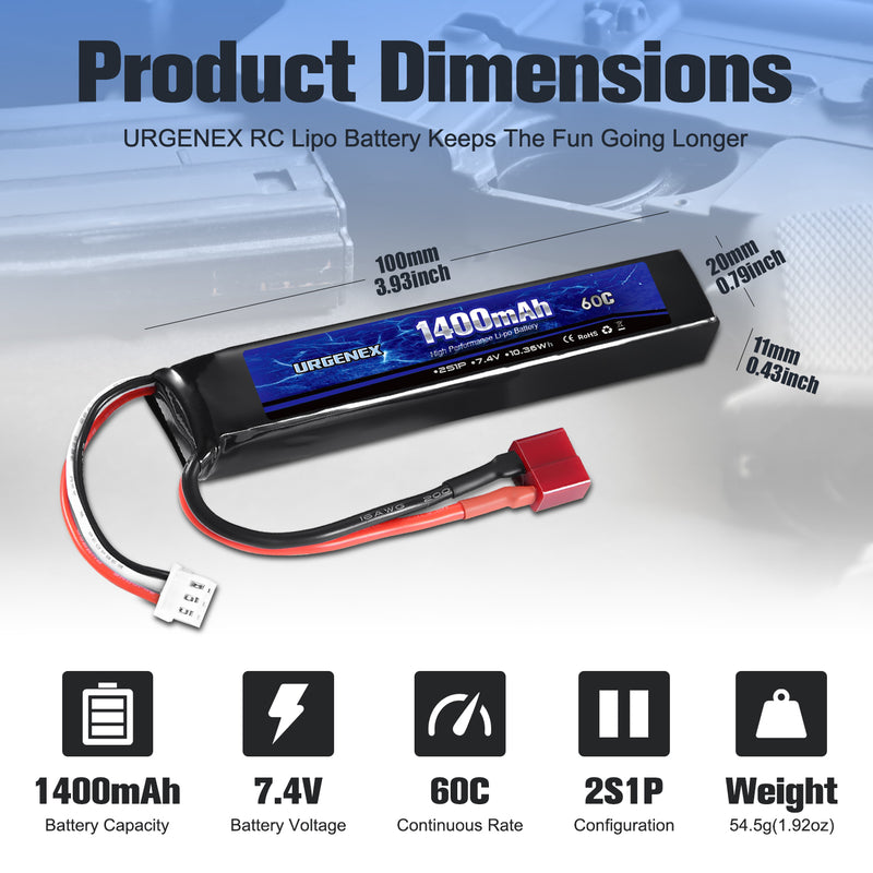 Load image into Gallery viewer, URGENEX Airsoft Battery 7.4V 1400mAh 60C High Discharge Rate Lipo Battery Pack with Deans T Plug Rechargeable 2S Lipo Battery for Airsoft Model Guns
