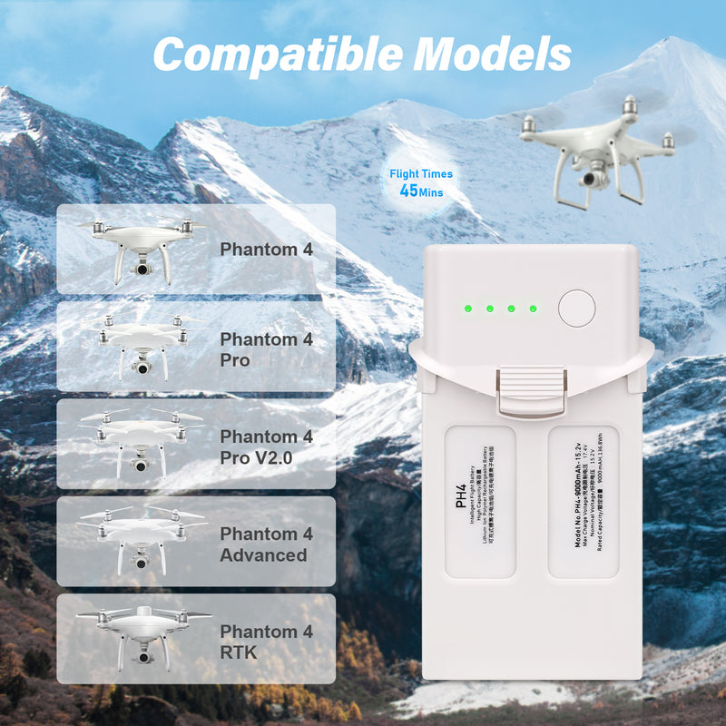 Load image into Gallery viewer, Phantom 4 Intelligent Flight Battery 15.2V 9000mAh High Capacity Replacement Battery Compatible with DJI Phantom 4/4 Pro/4 Pro V2.0/4 Pro Plus/4 Advanced/4 RTK Drone, Up to 45Mins Flight Time