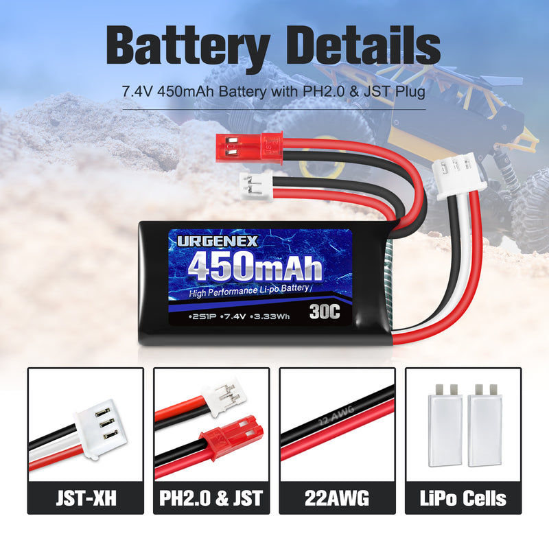 Load image into Gallery viewer, URGENEX 2S 30C 450mAh Rechargeable Light Lipo Battery with JST & PH2.0 Plug Low Internal Efficient Energy Fit for Most Mini Crawl Car SCX24 RC Car Truck And RC Drone Airplane