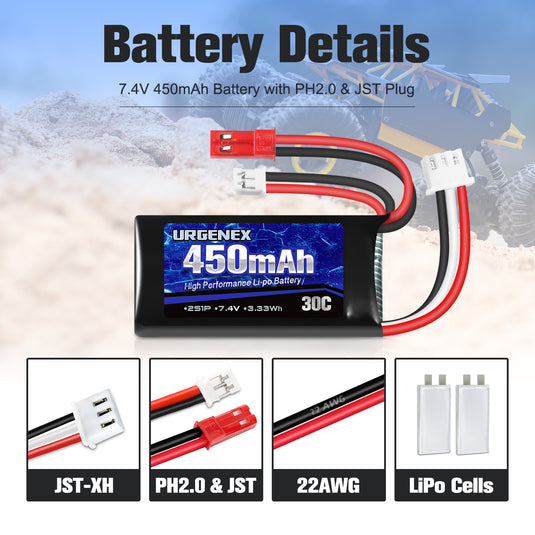 URGENEX 2S 30C 450mAh Rechargeable Light Lipo Battery with JST & PH2.0 Plug Low Internal  Efficient Energy Fit for Most Mini Crawl Car SCX24 RC Car Truck And RC Drone Airplane