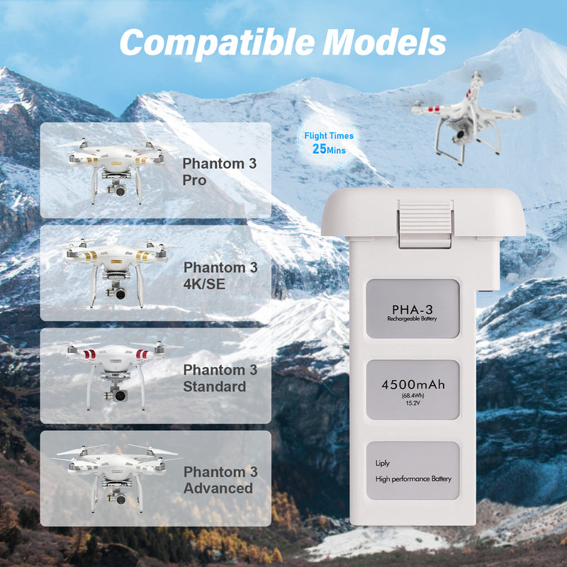 Load image into Gallery viewer, Phantom 3 Intelligent Flight Battery 15.2V 4500mAh High Capacity Replacement Battery Compatible with DJI Phantom 3 Standard/ 3 Pro/ 3 SE/ 3 4K/ 3 Advanced Drone, Up to 25Mins Max Flight Time