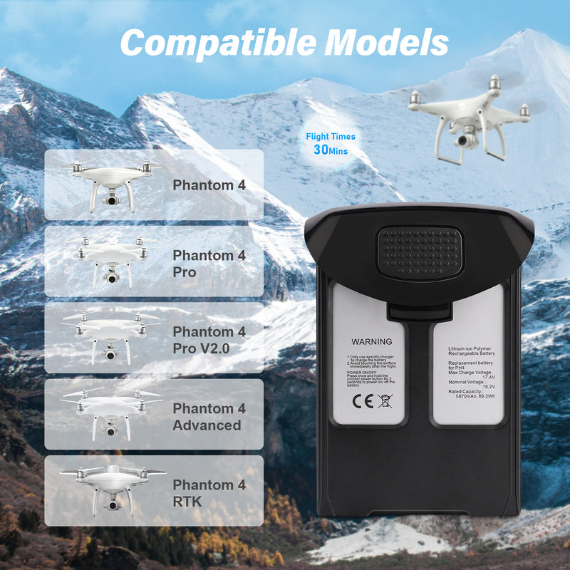 Load image into Gallery viewer, Phantom 4 Intelligent Flight Battery Black 15.2V 5870mAh High Capacity Replacement Battery Compatible with DJI Phantom 4/4 Pro/4 Pro V2.0/4 Pro Plus/4 Advanced/4 RTK Drone, Up to 30Mins Flight Time