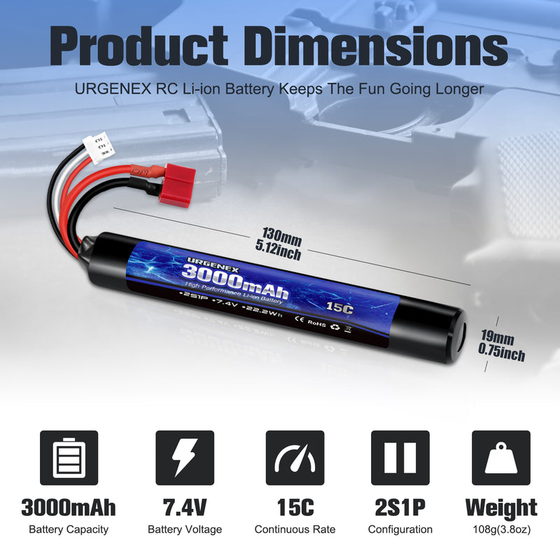 Load image into Gallery viewer, URGENEX 3000mAh Airsoft Battery 7.4V Stick Battery with Deans T Plug 2S Rechargeable Stick Shape RC Lithium-ion Fit for Most Airsoft Model Guns Rifles