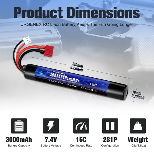 URGENEX 3000mAh Airsoft Battery 7.4V Stick Battery with Deans T Plug 2S Rechargeable Stick Shape RC Lithium-ion Fit for Most Airsoft Model Guns Rifles