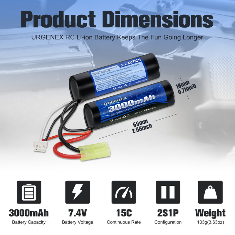 Load image into Gallery viewer, URGENEX 3000mAh Airsoft Battery 7.4V Nunchuck Battery with Mini Tamiya Plug 2S Rechargeable Stick Shape Butterfly Battery Fit for Most Airsoft Model Guns Rifles