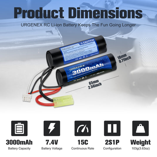 URGENEX 3000mAh Airsoft Battery 7.4V Nunchuck Battery with Mini Tamiya Plug 2S Rechargeable Stick Shape Butterfly Battery Fit for Most Airsoft Model Guns Rifles