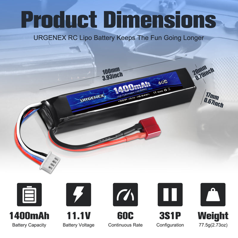 Load image into Gallery viewer, URGENEX Airsoft Battery 11.1V 1400mAh 60C High Discharge Rate Lipo Battery Pack with Deans T Plug Rechargeable 3S Lipo Battery for Airsoft Model Guns
