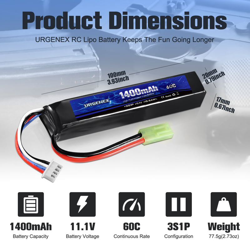 Load image into Gallery viewer, URGENEX Airsoft Battery 11.1V 1400mAh 60C High Discharge Rate Lipo Battery Pack with Mini Tamiya Plug Rechargeable 3S Lipo Battery for Airsoft Model Guns